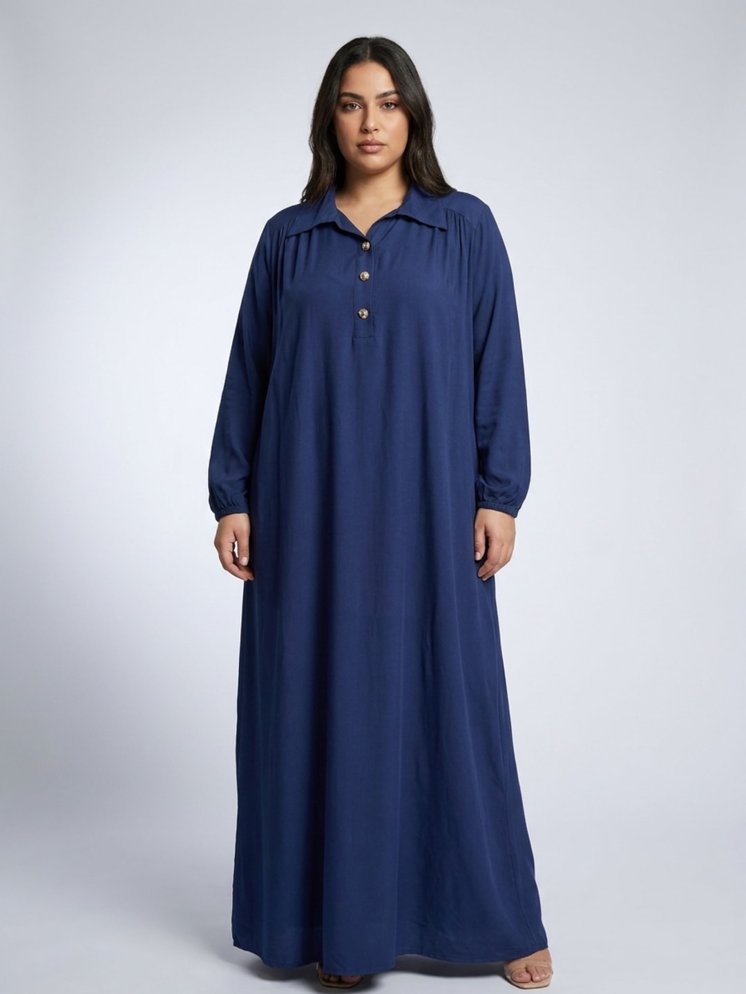 Oversized Collared Maxi Dress Navy Blue Button Front – 789