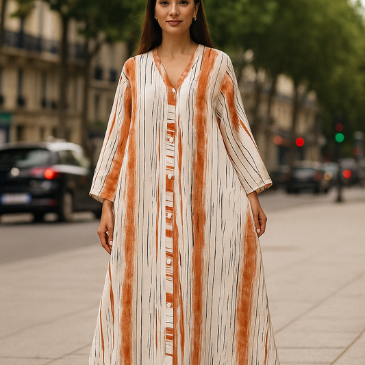 Sahara Brushstroke Maxi Dress - V-Neck Button-Front Kaftan