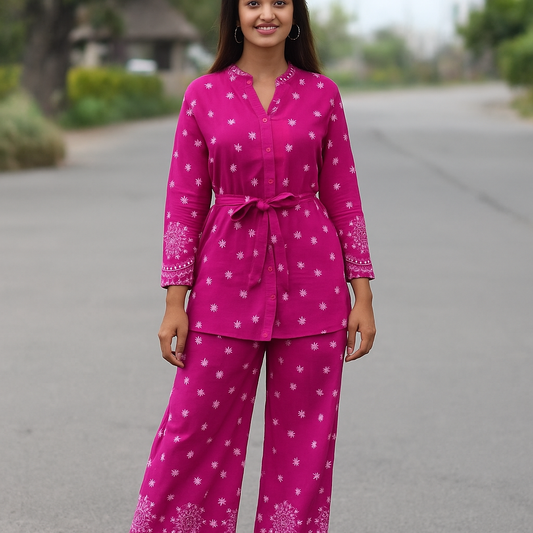 Rani Embroidered Co-ord Set - Fuchsia Tunic & Pant Suit