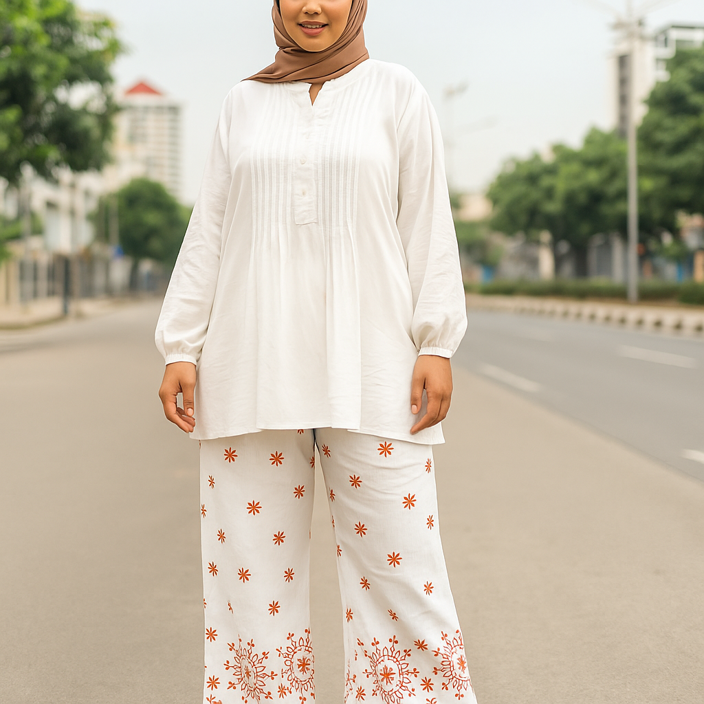 Luna Embroidered Tunic & Pant Set - White Pintuck Co-ord