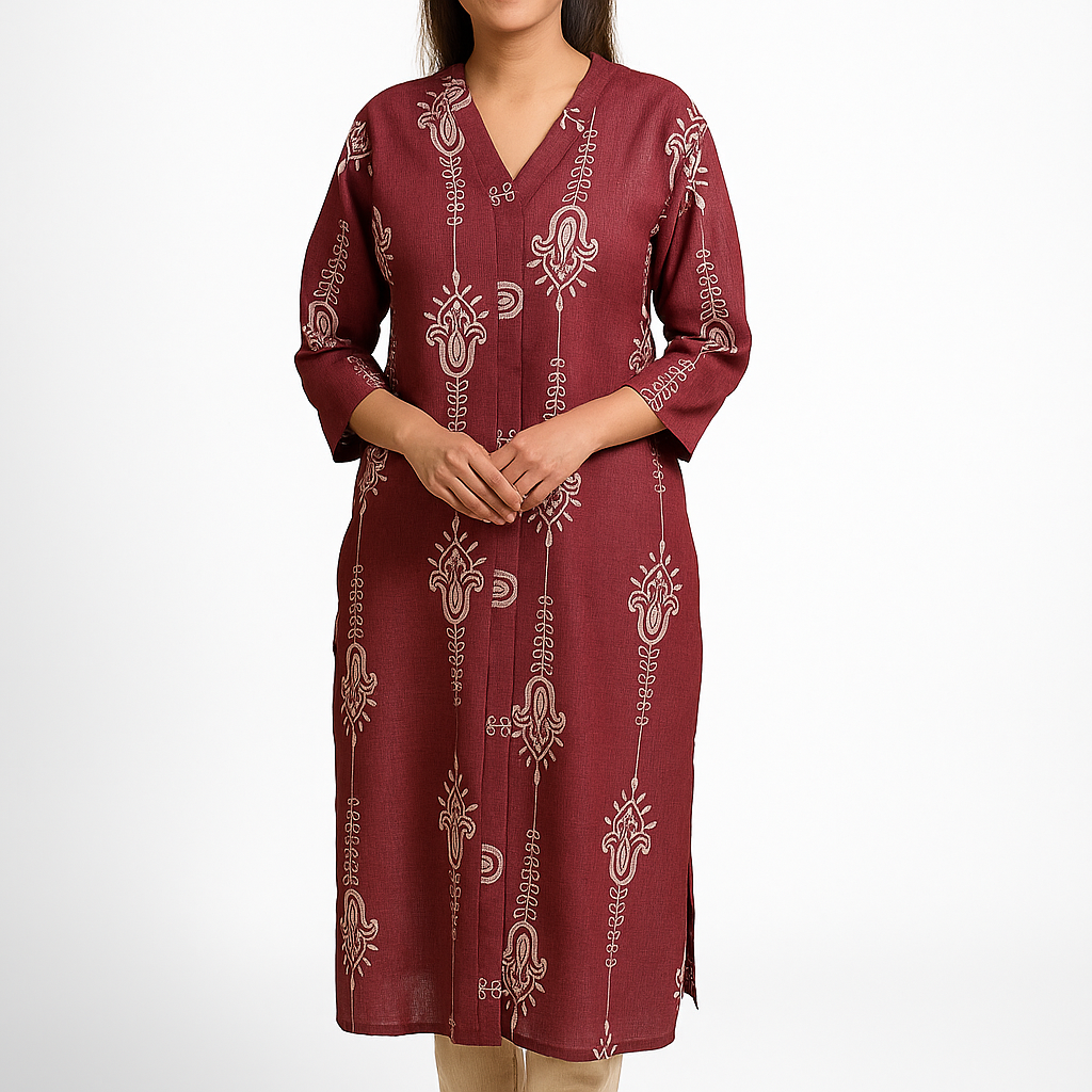 Indira Embroidered Tunic - Burgundy V-Neck Kurta