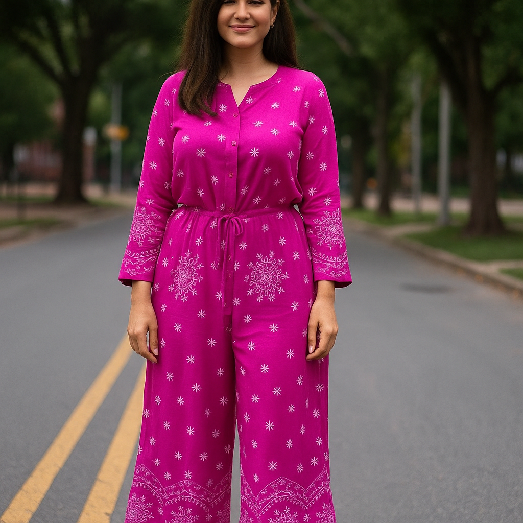 Rani Embroidered Co-ord Set - Fuchsia Tunic & Pant Suit
