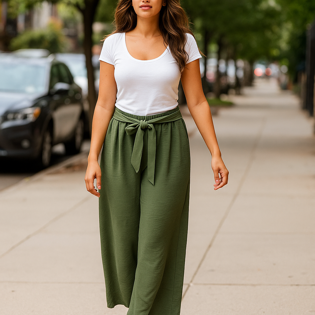 Esme Tie-Waist Wide-Leg Pants - Olive Green Palazzo Trousers