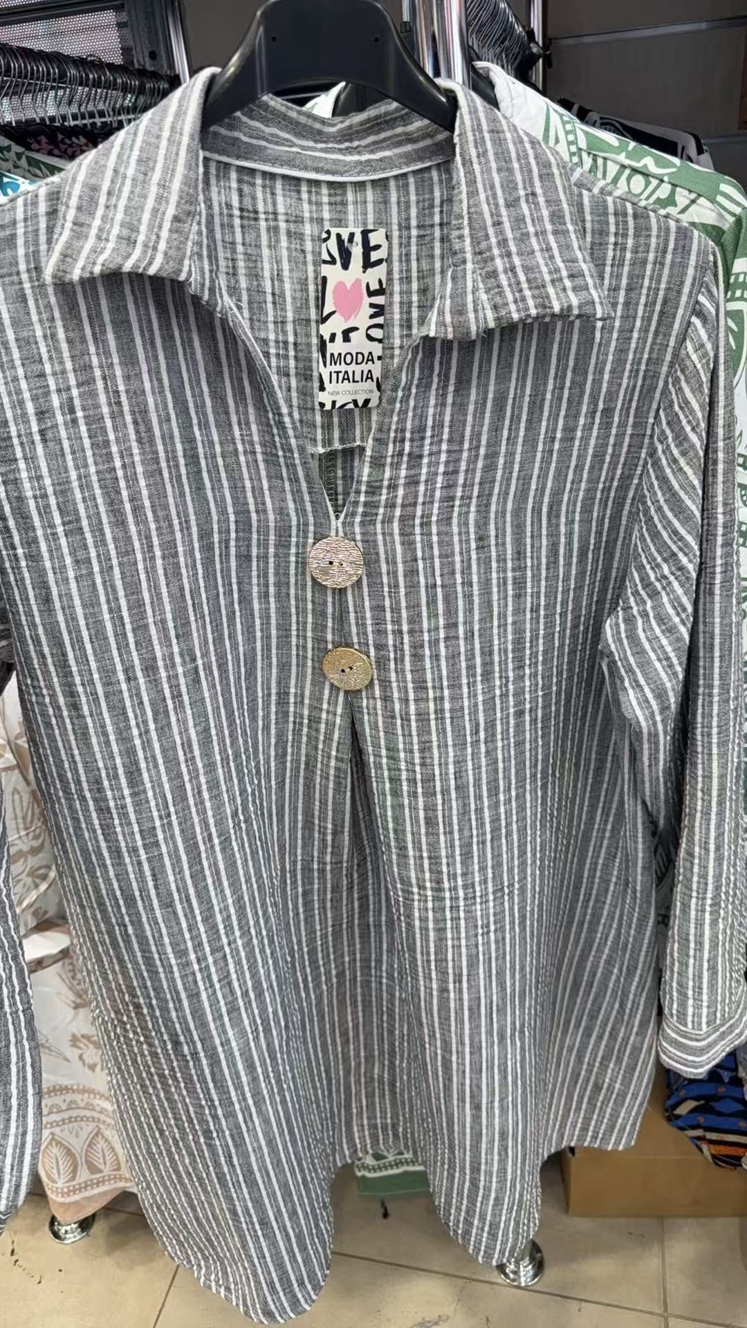 Willow Striped Tunic Top - Collared Button-Front Blouse