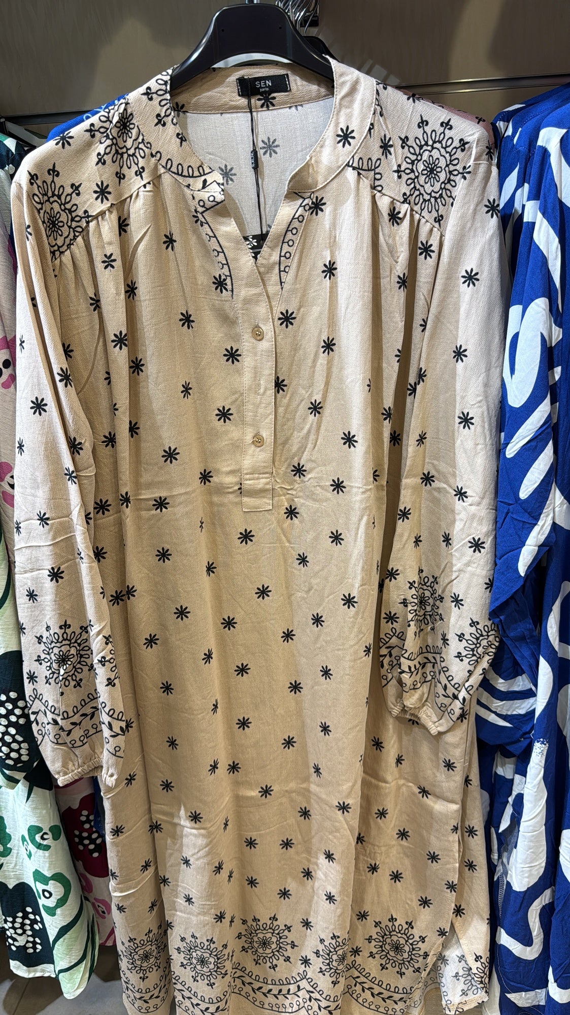 Amara Embroidered Folk Tunic Dress - Boho Button-Front Midi