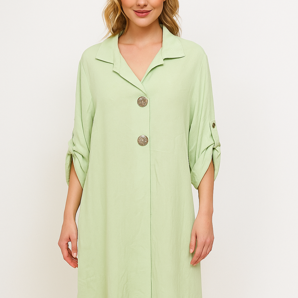 Sage Green Linen Midi Shirt Dress - Button Front Roll Tab Sleeve Dress