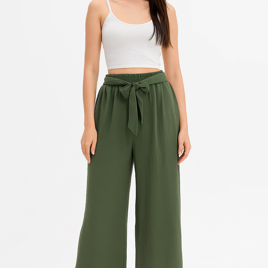 Esme Tie-Waist Wide-Leg Pants - Olive Green Palazzo Trousers
