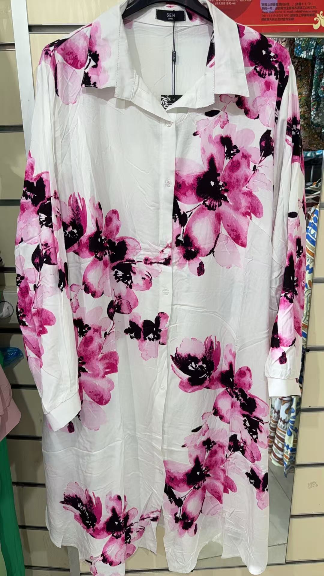 White & Pink Floral Print Shirt Dress - Long Sleeve Button Down Midi Dress