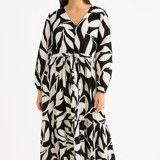 Black & White Leaf Print Midi Dress - Long Sleeve V-Neck Tie Waist Dress with Ruffle Hem
