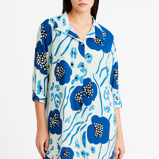 Blue Abstract Floral Print Shirt Dress - 3/4 Sleeve Button Front Midi Dress