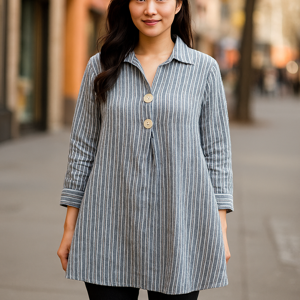 Willow Striped Tunic Top - Collared Button-Front Blouse