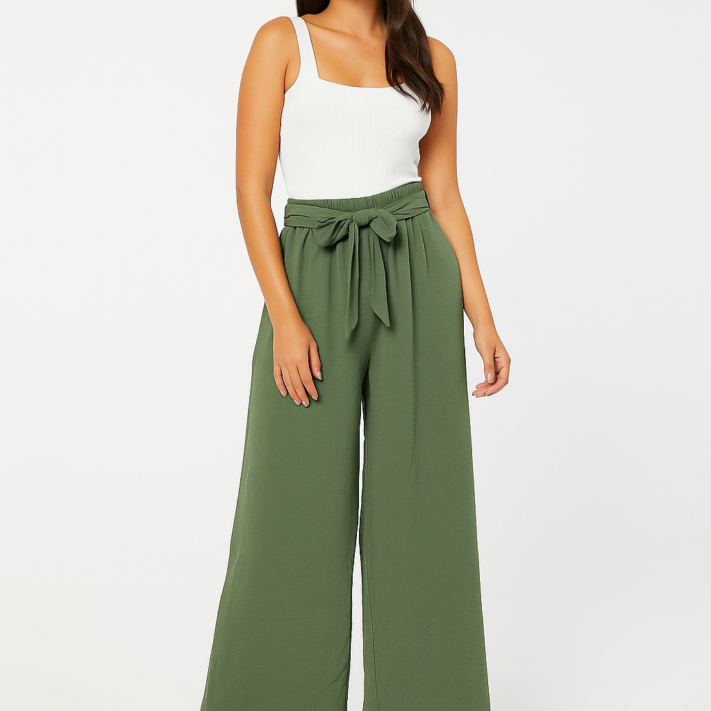 Esme Tie-Waist Wide-Leg Pants - Olive Green Palazzo Trousers