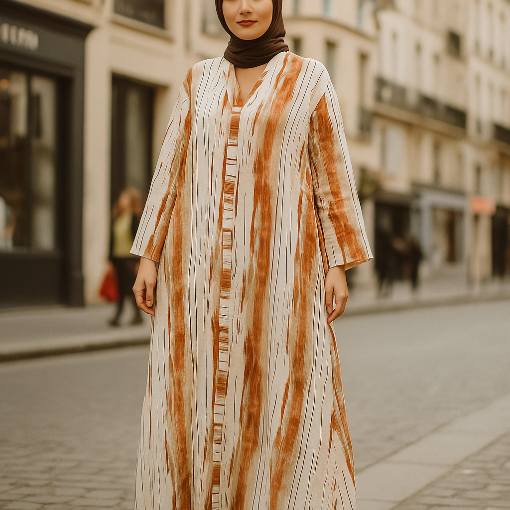 Sahara Brushstroke Maxi Dress - V-Neck Button-Front Kaftan