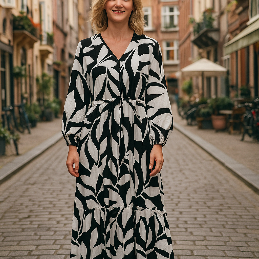 Black & White Leaf Print Midi Dress - Long Sleeve V-Neck Tie Waist Dress with Ruffle Hem