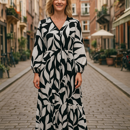Black & White Leaf Print Midi Dress - Long Sleeve V-Neck Tie Waist Dress with Ruffle Hem