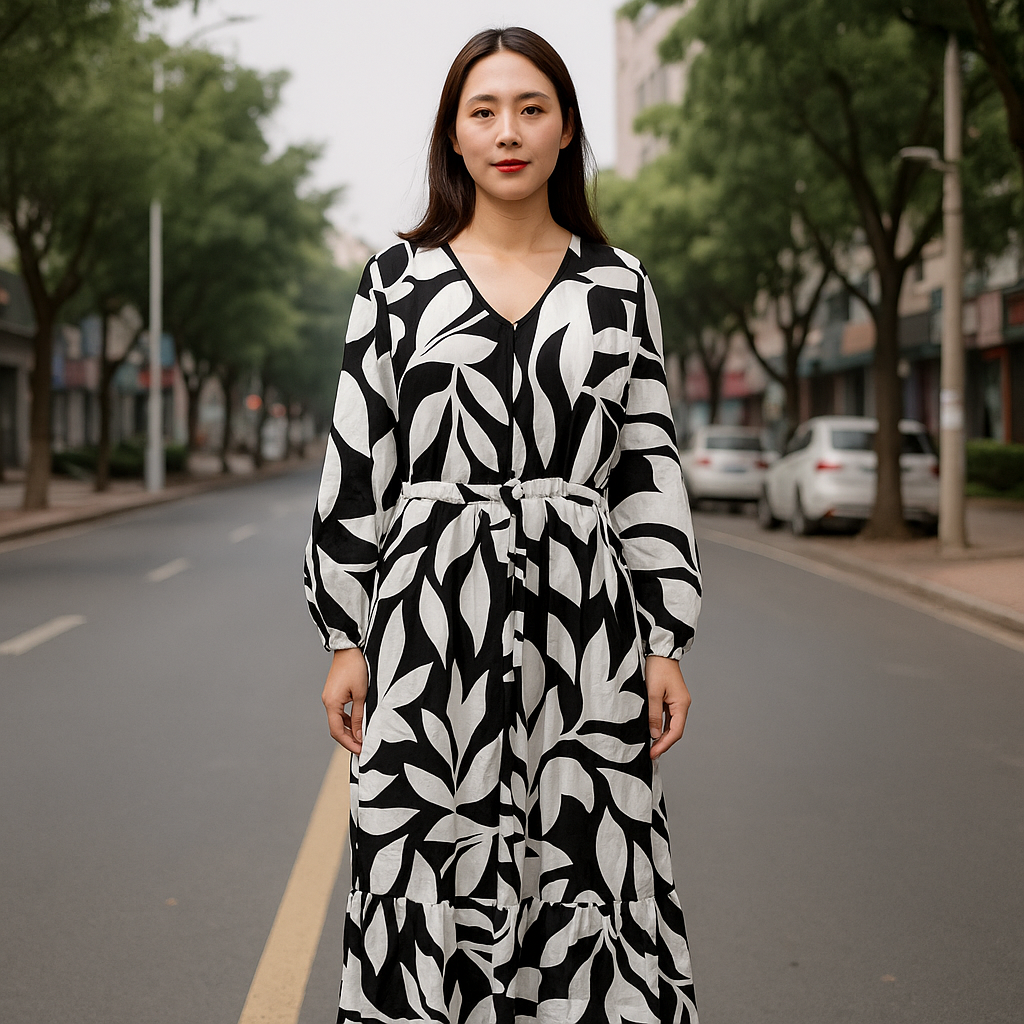 Black & White Leaf Print Midi Dress - Long Sleeve V-Neck Tie Waist Dress with Ruffle Hem