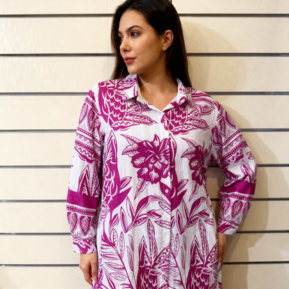 Botanical Print Linen-Blend Shirt Dress – Vibrant Color Range