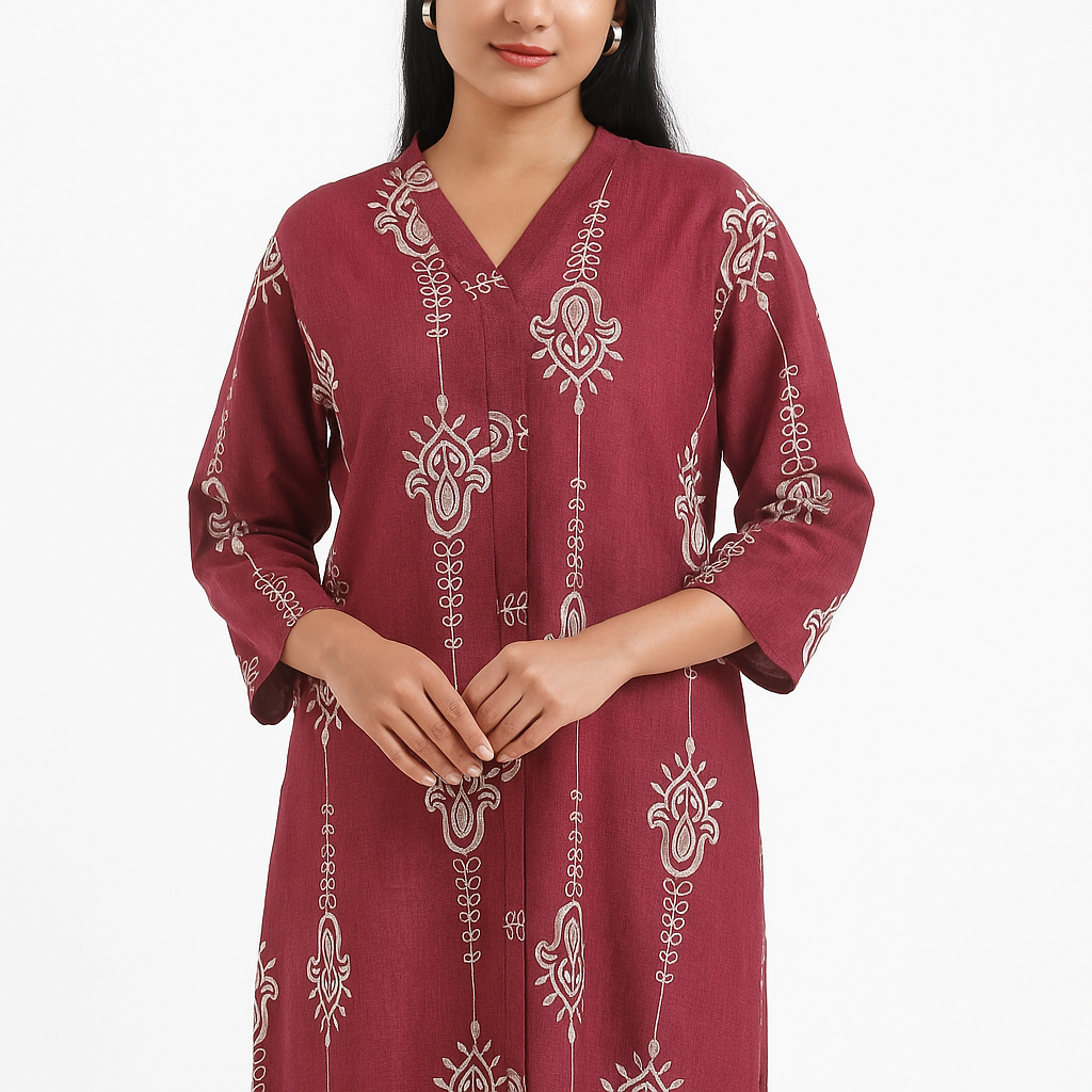 Indira Embroidered Tunic - Burgundy V-Neck Kurta