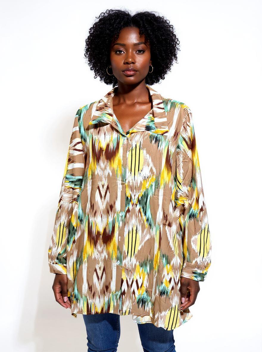 Zola Abstract Ikat Tunic - Relaxed Fit Collared Blouse