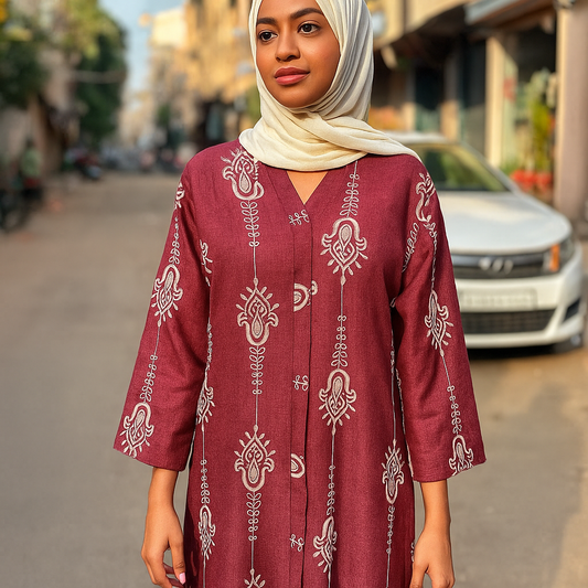 Indira Embroidered Tunic - Burgundy V-Neck Kurta