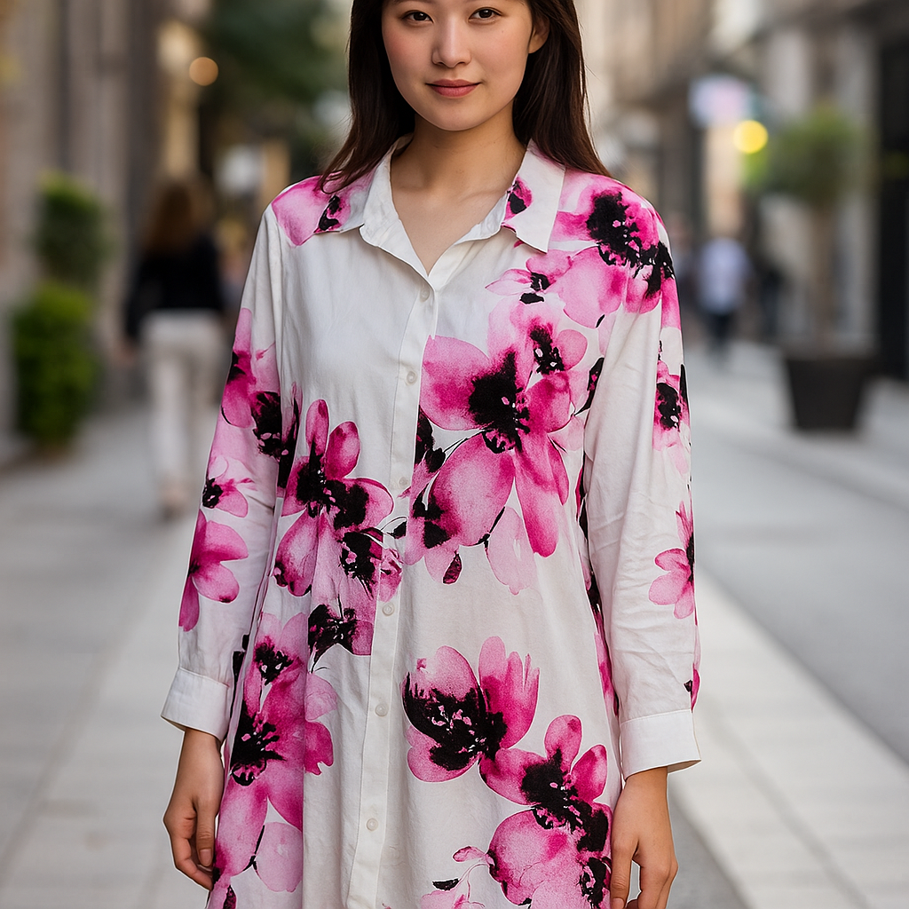 White & Pink Floral Print Shirt Dress - Long Sleeve Button Down Midi Dress