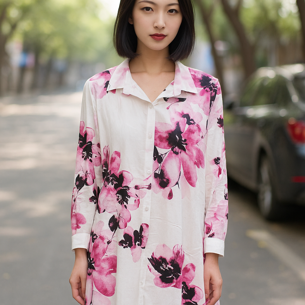 White & Pink Floral Print Shirt Dress - Long Sleeve Button Down Midi Dress