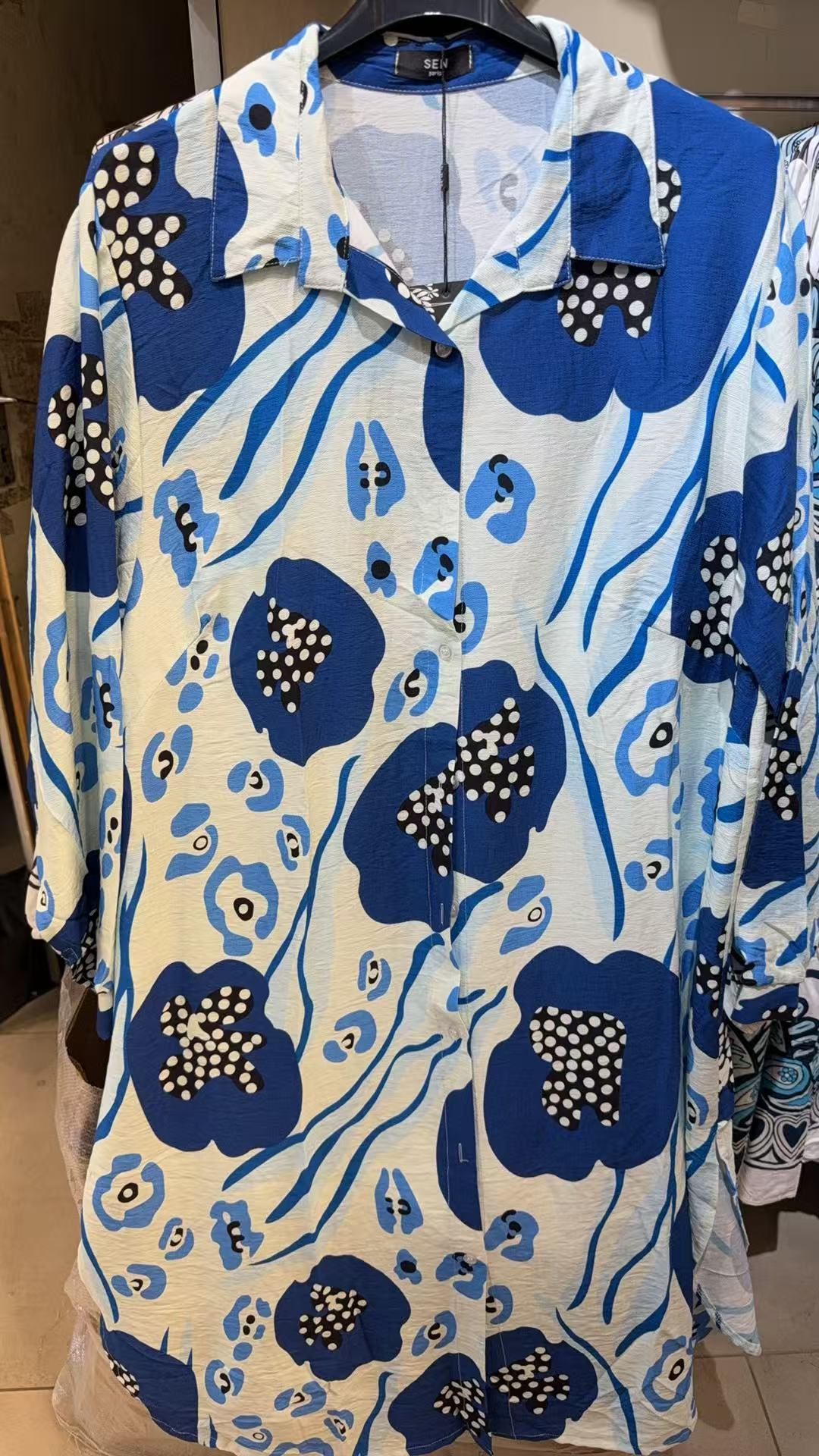 Blue Abstract Floral Print Shirt Dress - 3/4 Sleeve Button Front Midi Dress