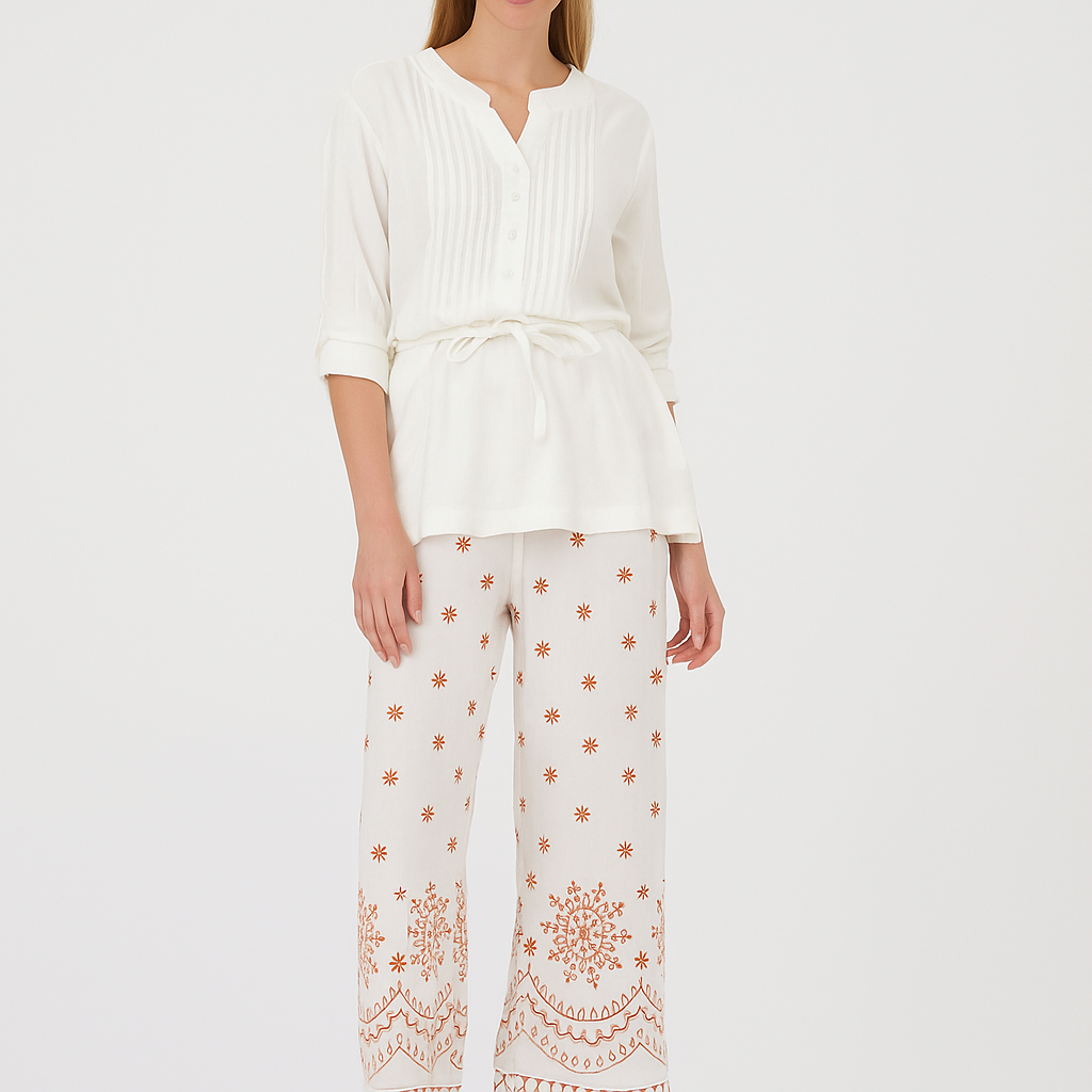 Luna Embroidered Tunic & Pant Set - White Pintuck Co-ord