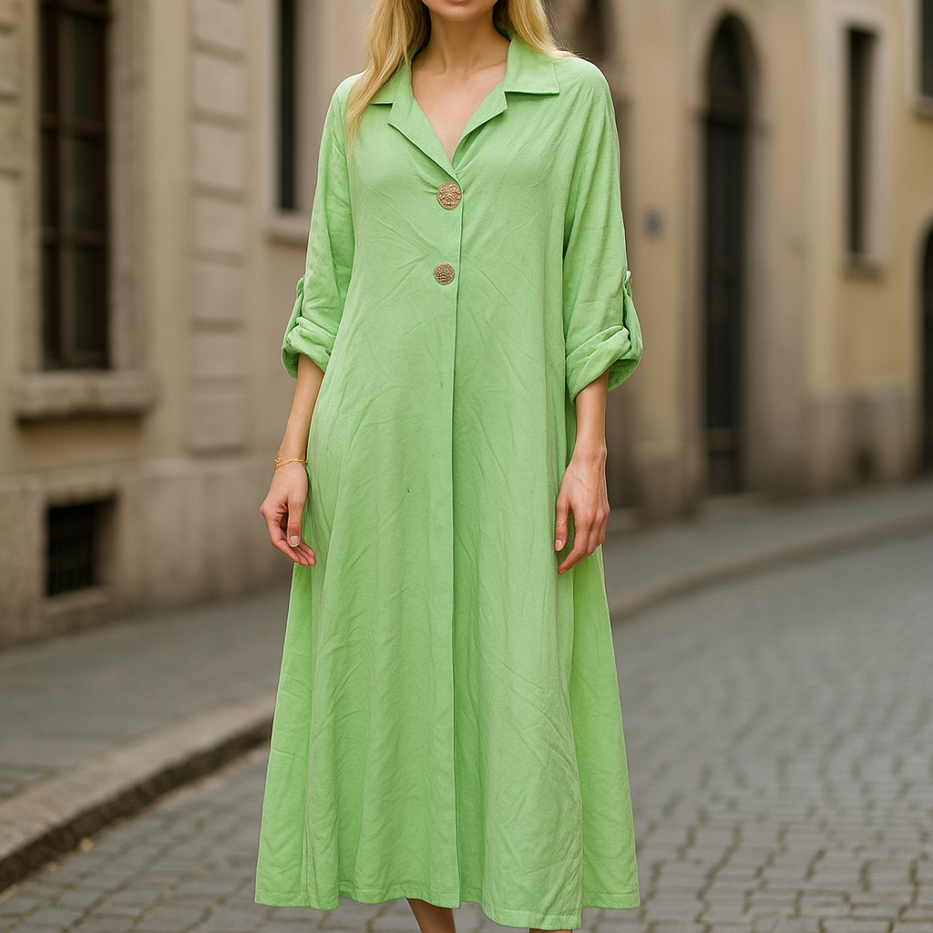 Sage Green Linen Midi Shirt Dress - Button Front Roll Tab Sleeve Dress