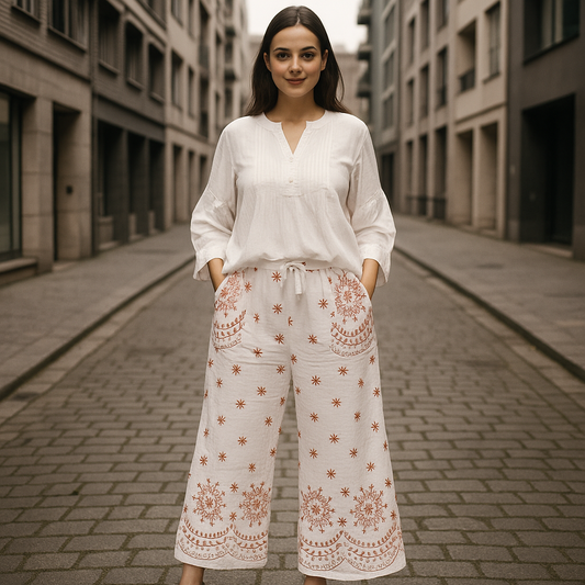 Luna Embroidered Tunic & Pant Set - White Pintuck Co-ord