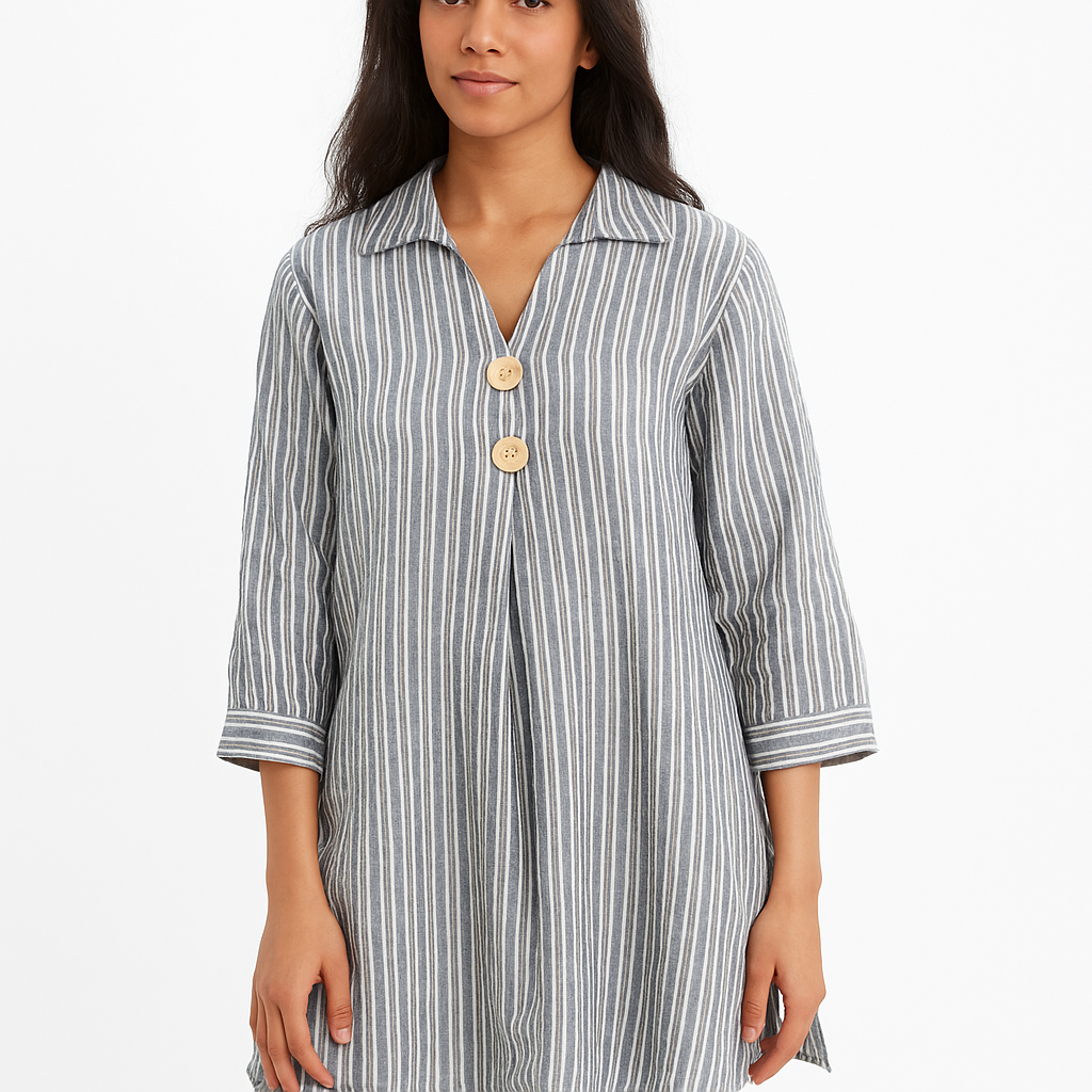 Willow Striped Tunic Top - Collared Button-Front Blouse