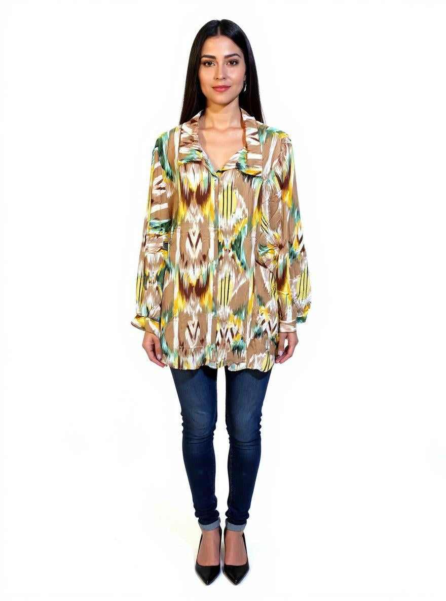 Zola Abstract Ikat Tunic - Relaxed Fit Collared Blouse