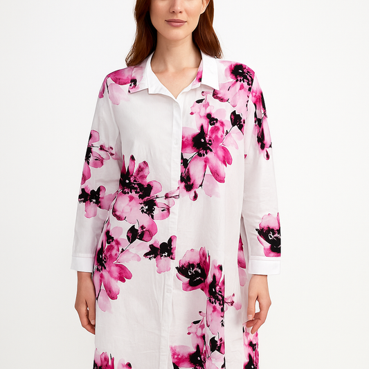 White & Pink Floral Print Shirt Dress - Long Sleeve Button Down Midi Dress