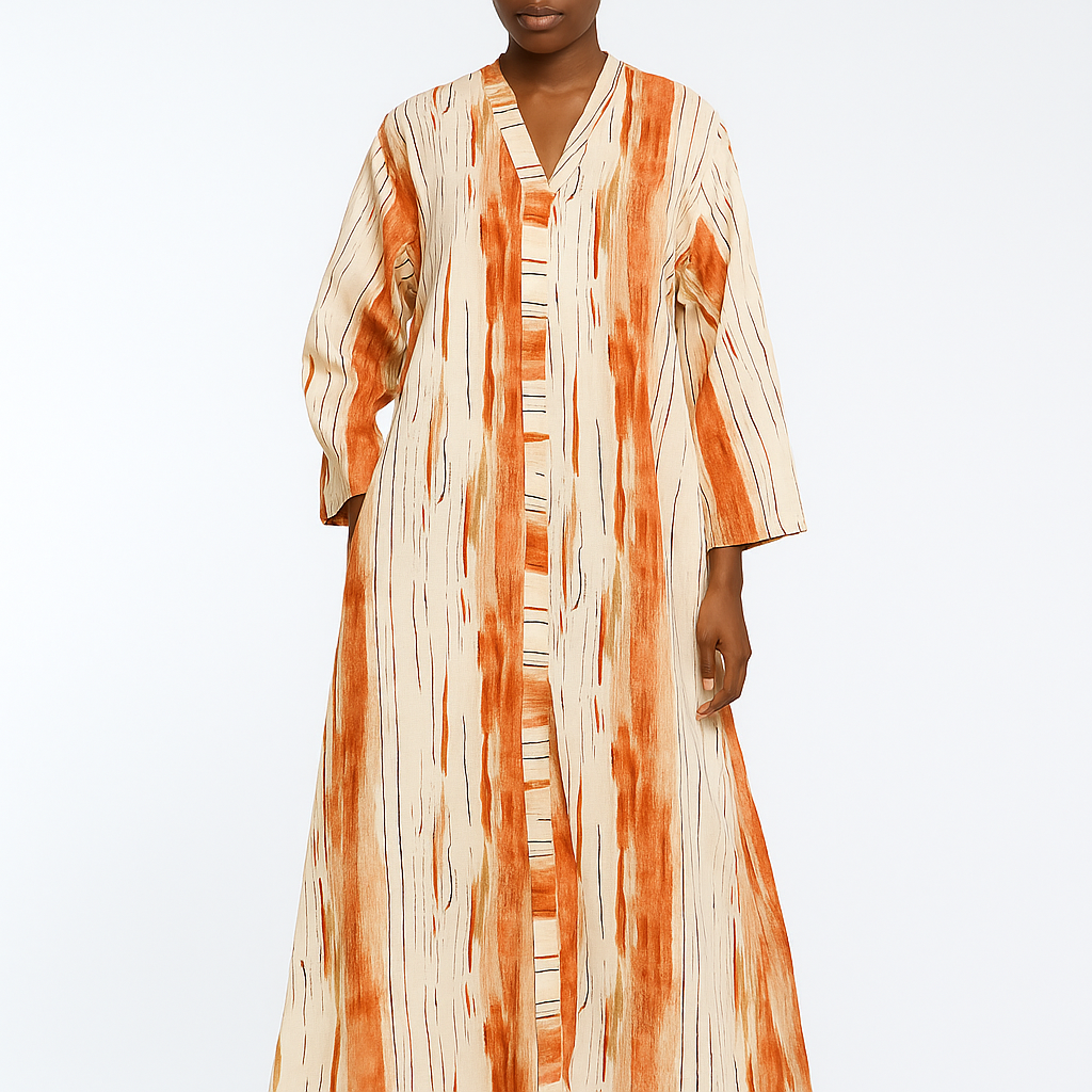 Sahara Brushstroke Maxi Dress - V-Neck Button-Front Kaftan