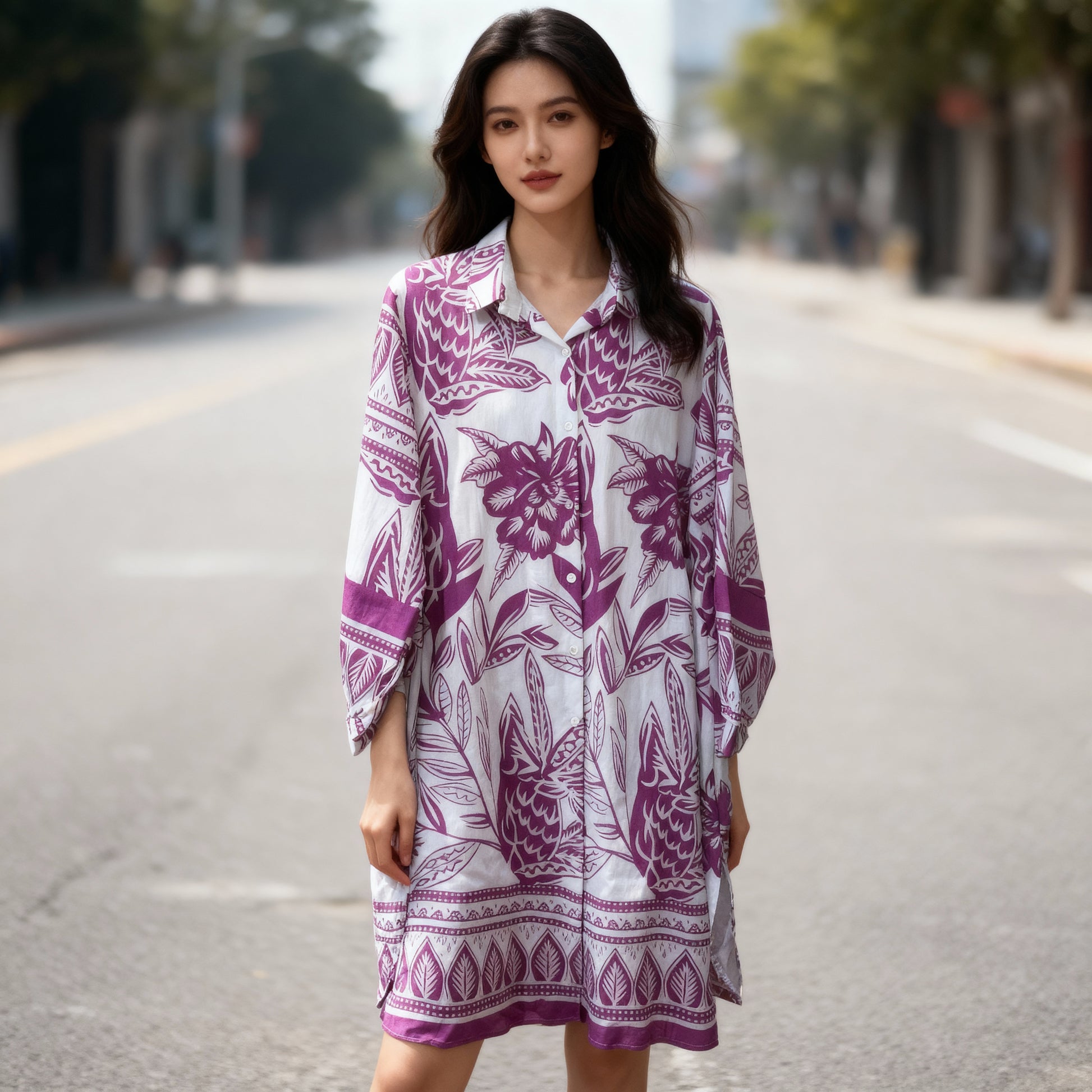 Botanical Print Linen-Blend Shirt Dress – Vibrant Color Range