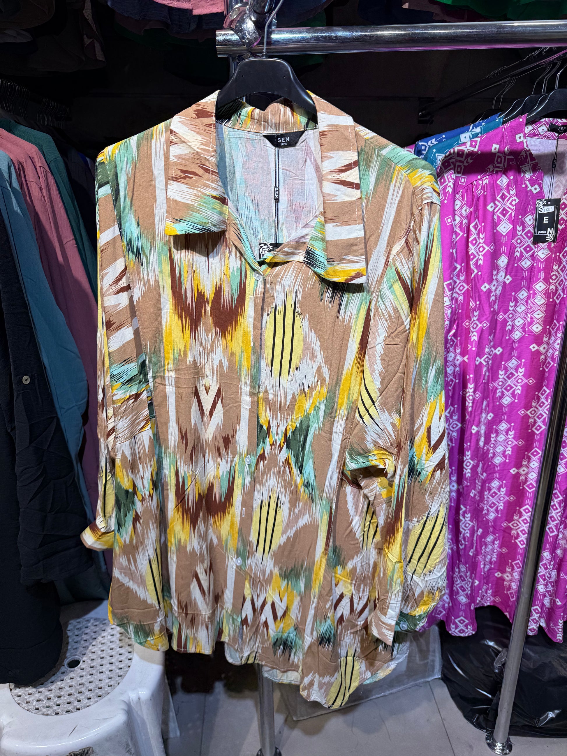 Zola Abstract Ikat Tunic - Relaxed Fit Collared Blouse