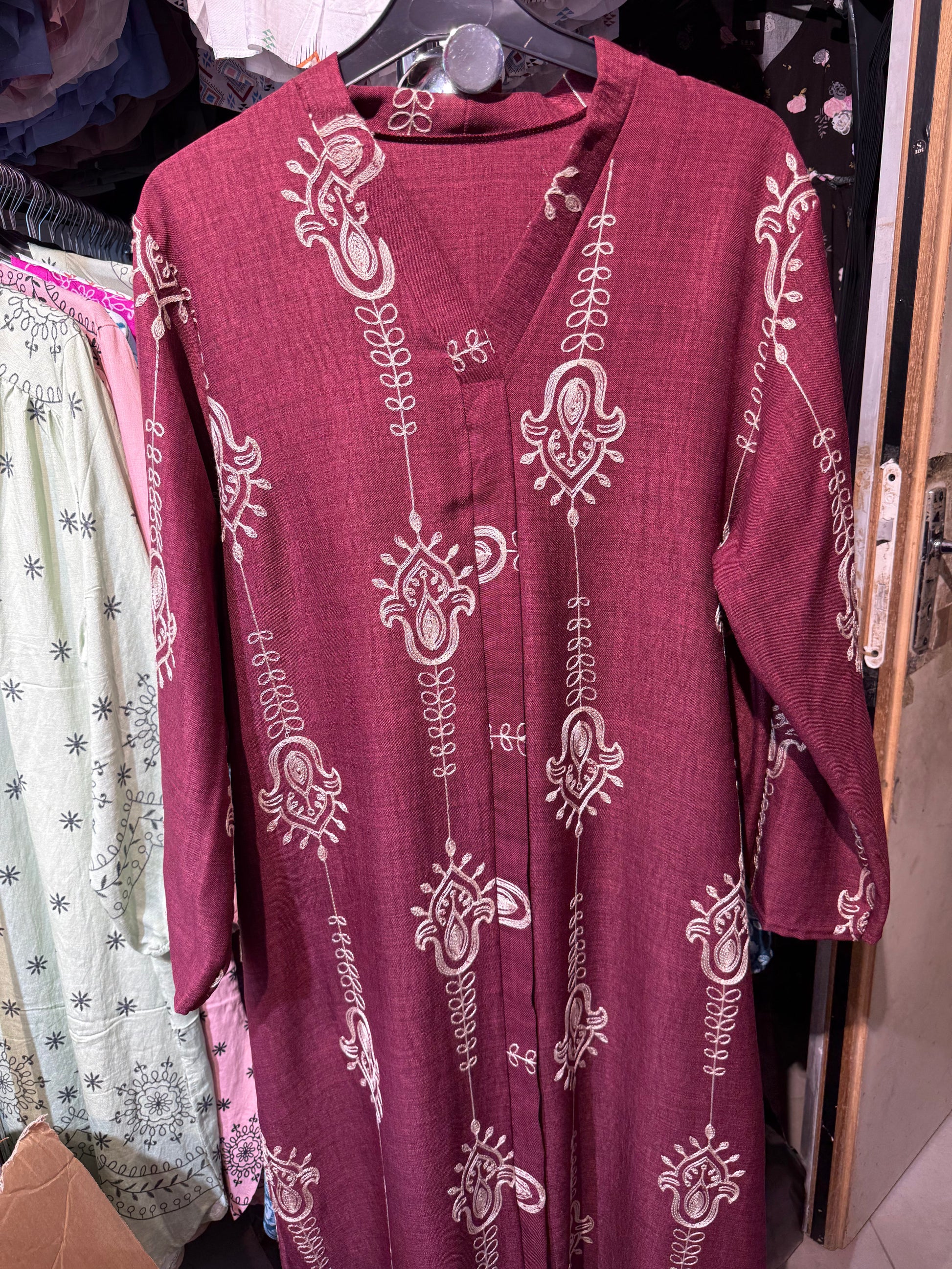 Indira Embroidered Tunic - Burgundy V-Neck Kurta