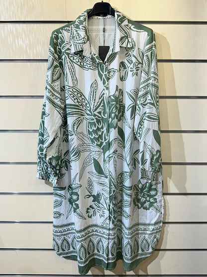 Botanical Print Linen-Blend Shirt Dress – Vibrant Color Range