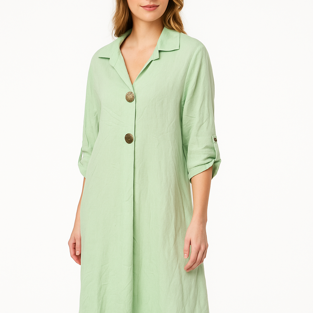 Sage Green Linen Midi Shirt Dress - Button Front Roll Tab Sleeve Dress