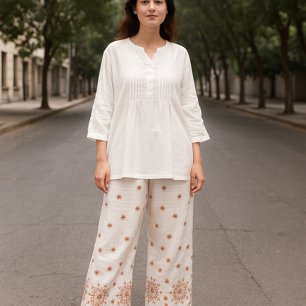 Luna Embroidered Tunic & Pant Set - White Pintuck Co-ord