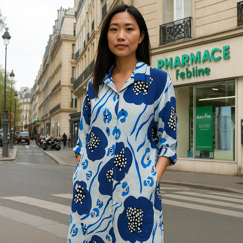 Blue Abstract Floral Print Shirt Dress - 3/4 Sleeve Button Front Midi Dress