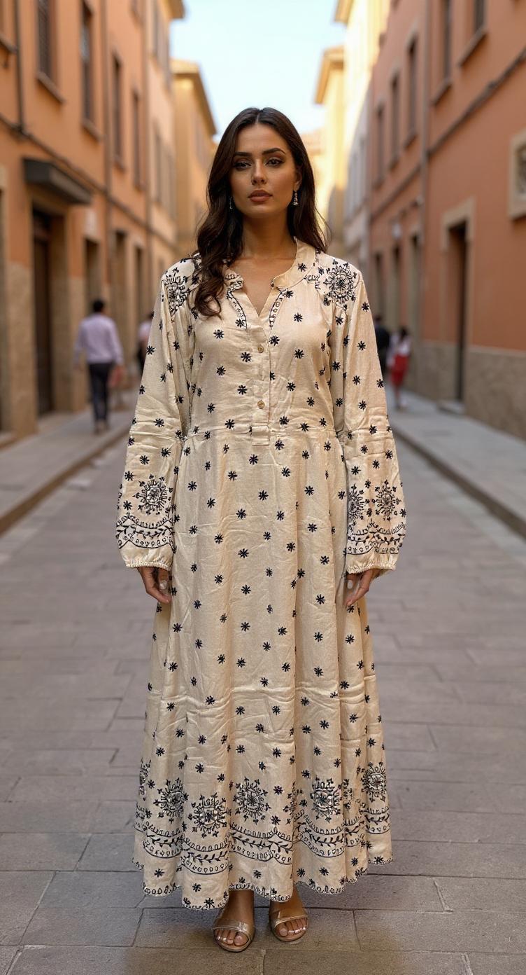 Amara Embroidered Folk Tunic Dress - Boho Button-Front Midi