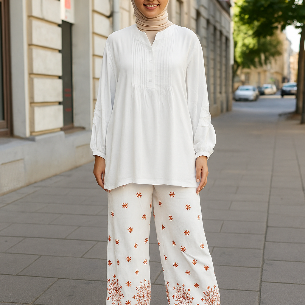 Luna Embroidered Tunic & Pant Set - White Pintuck Co-ord