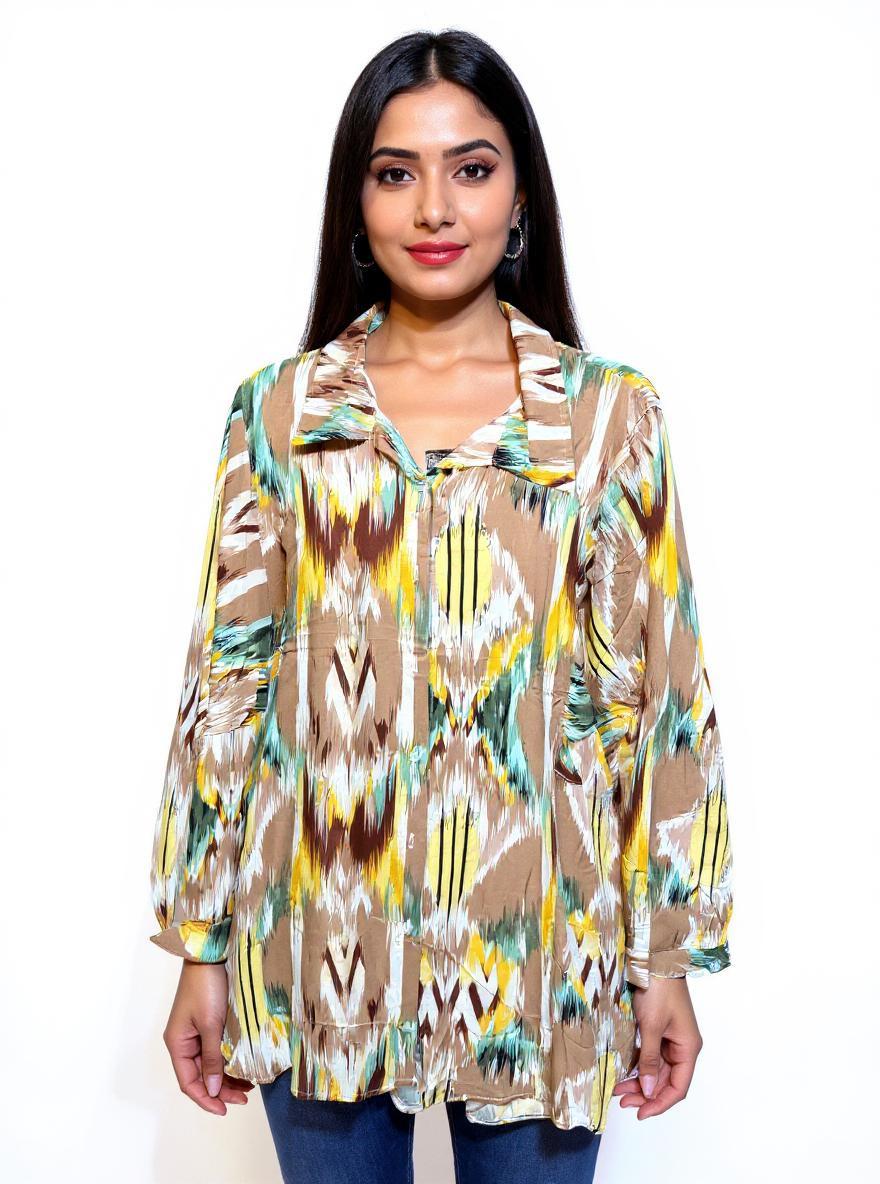 Zola Abstract Ikat Tunic - Relaxed Fit Collared Blouse