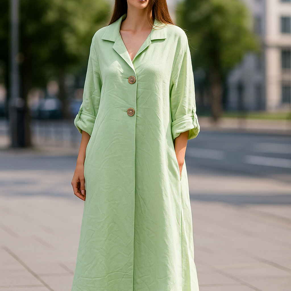 Sage Green Linen Midi Shirt Dress - Button Front Roll Tab Sleeve Dress