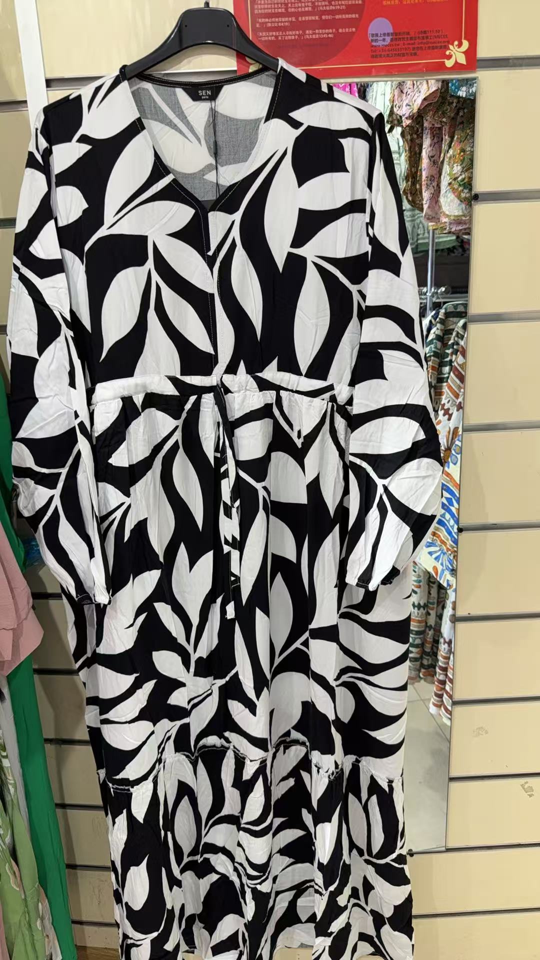 Black & White Leaf Print Midi Dress - Long Sleeve V-Neck Tie Waist Dress with Ruffle Hem
