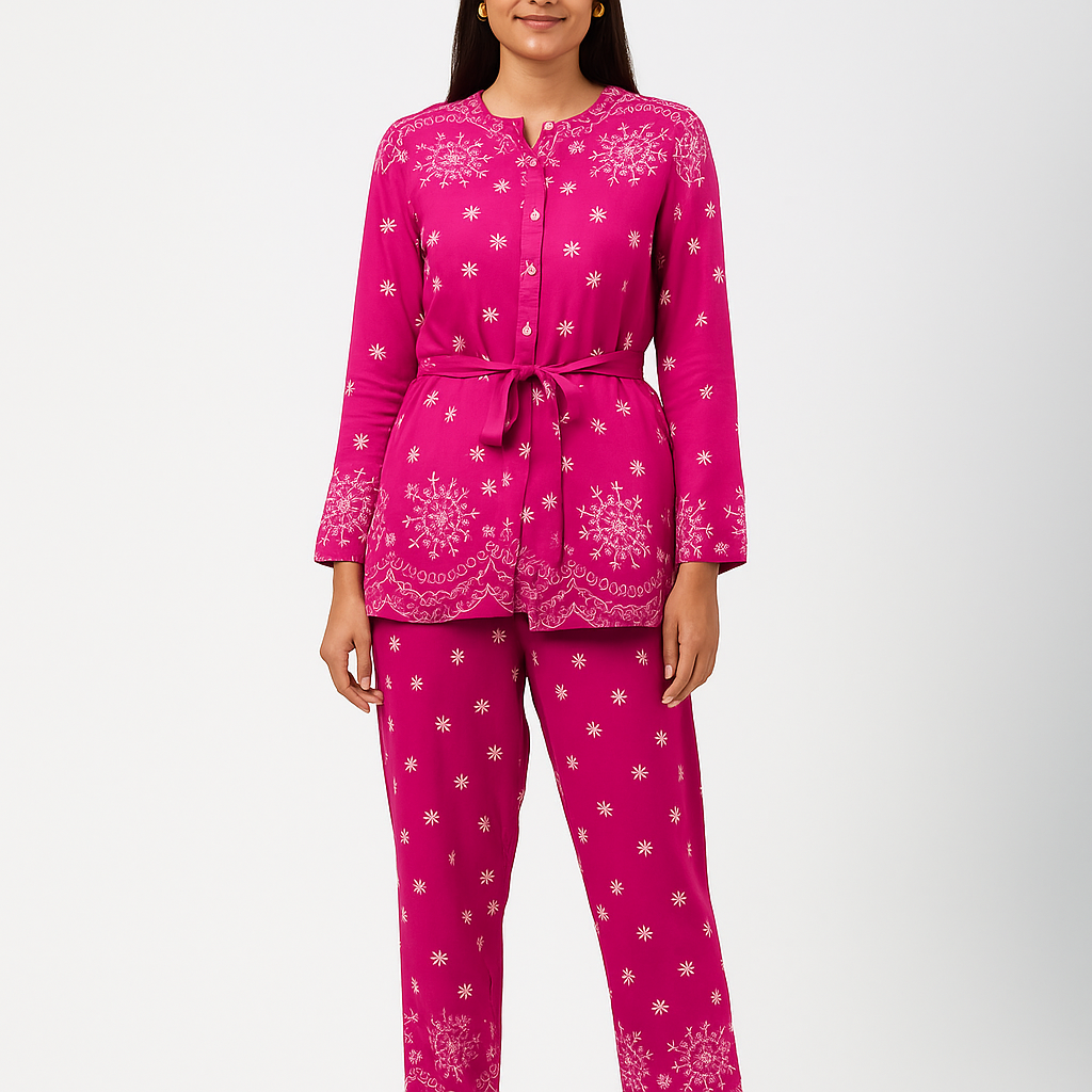 Rani Embroidered Co-ord Set - Fuchsia Tunic & Pant Suit