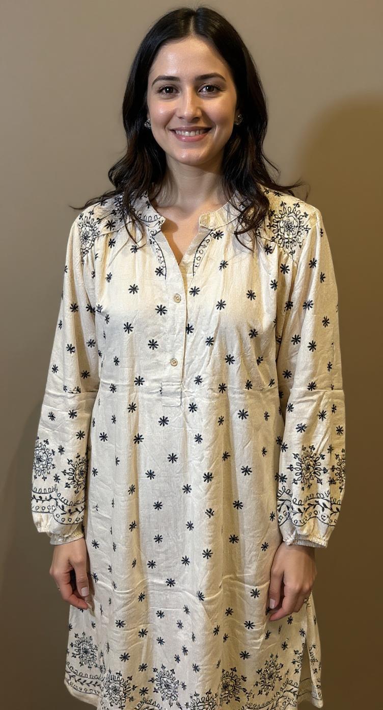 Amara Embroidered Folk Tunic Dress - Boho Button-Front Midi