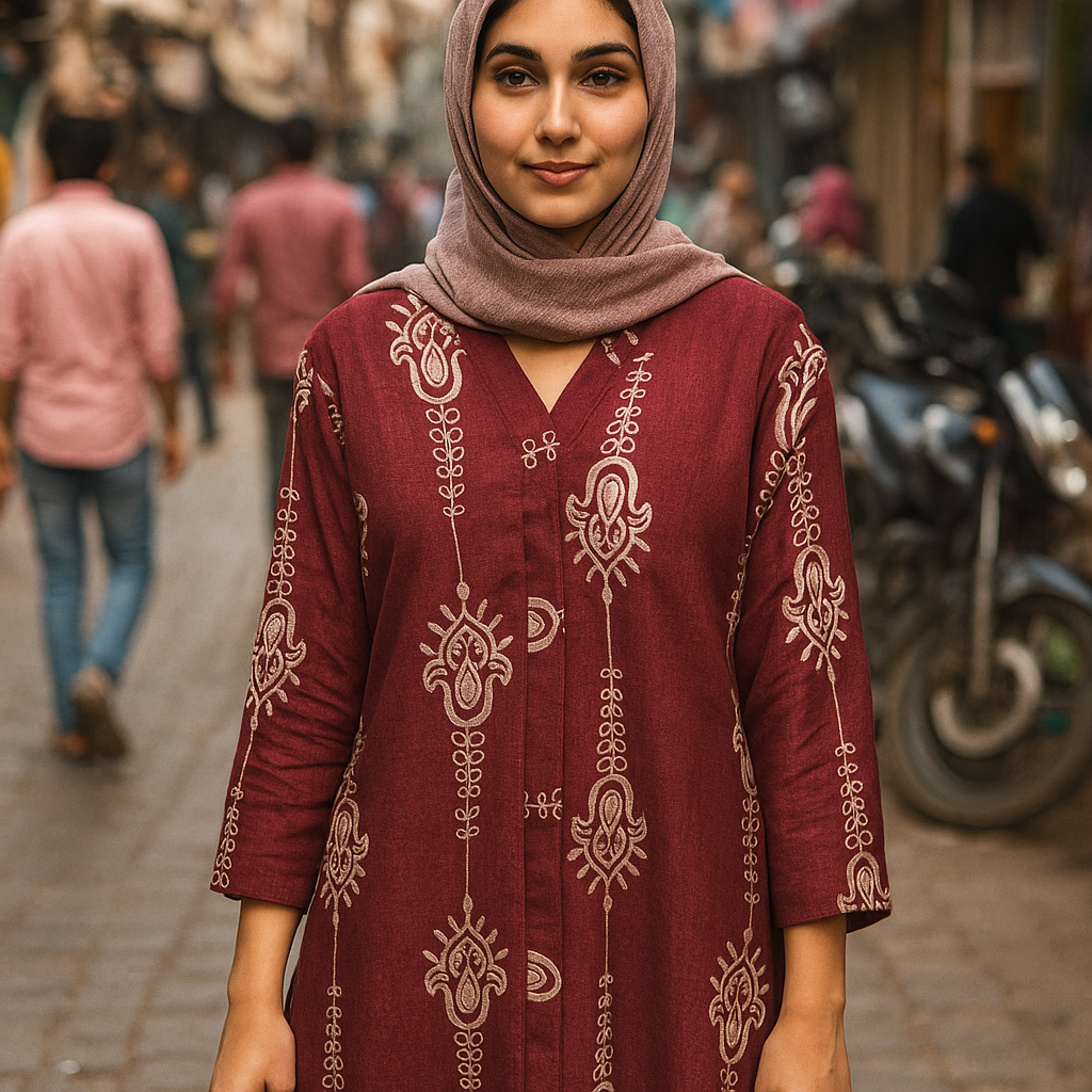 Indira Embroidered Tunic - Burgundy V-Neck Kurta