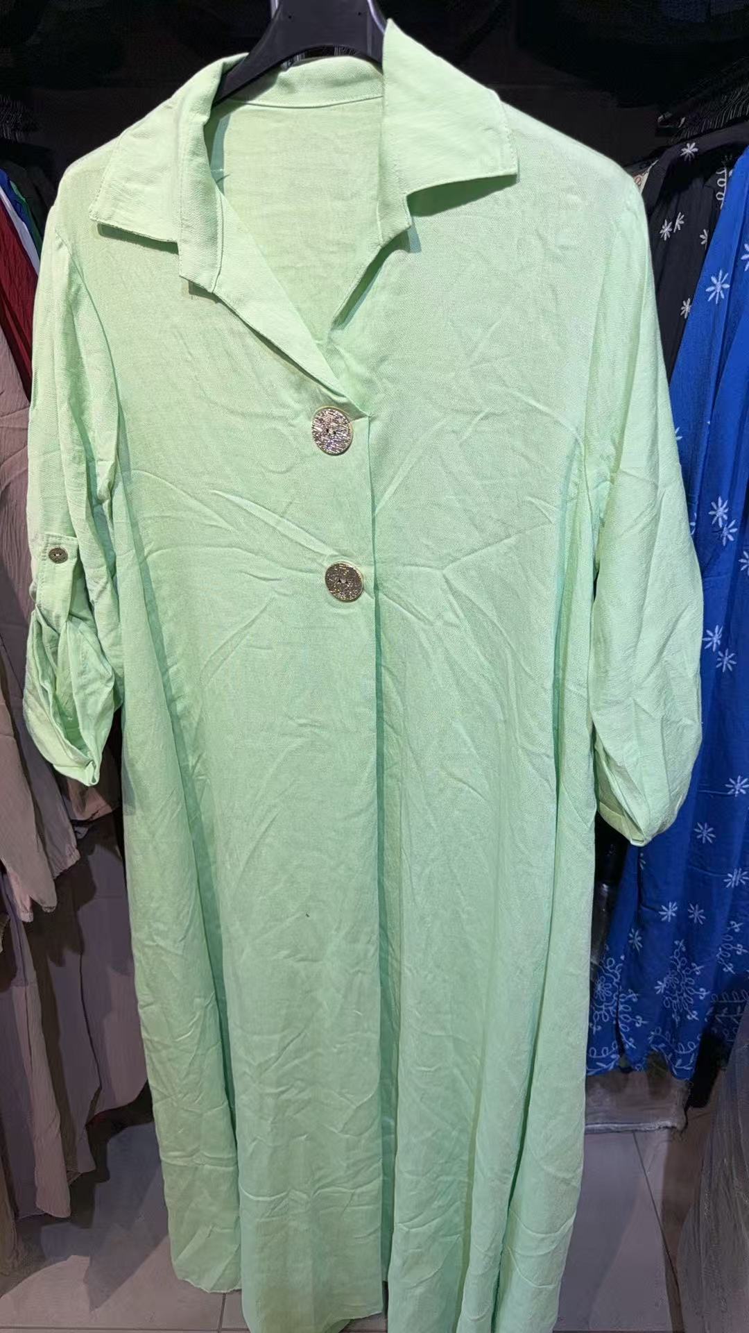 Sage Green Linen Midi Shirt Dress - Button Front Roll Tab Sleeve Dress
